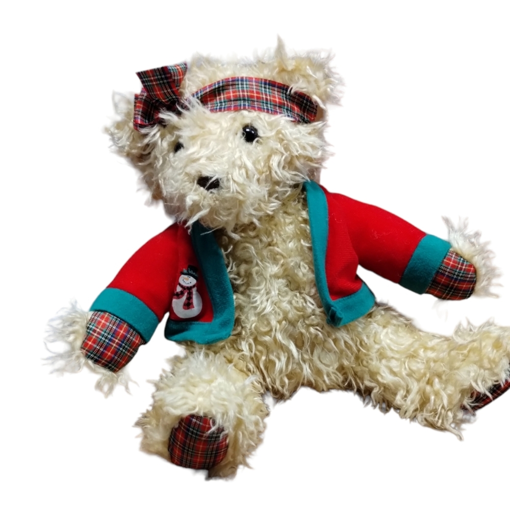 ✓VTG Hallmark Christmas Stuffed Merrily Bear w/ Snowman Coat + Bow Headband 11in